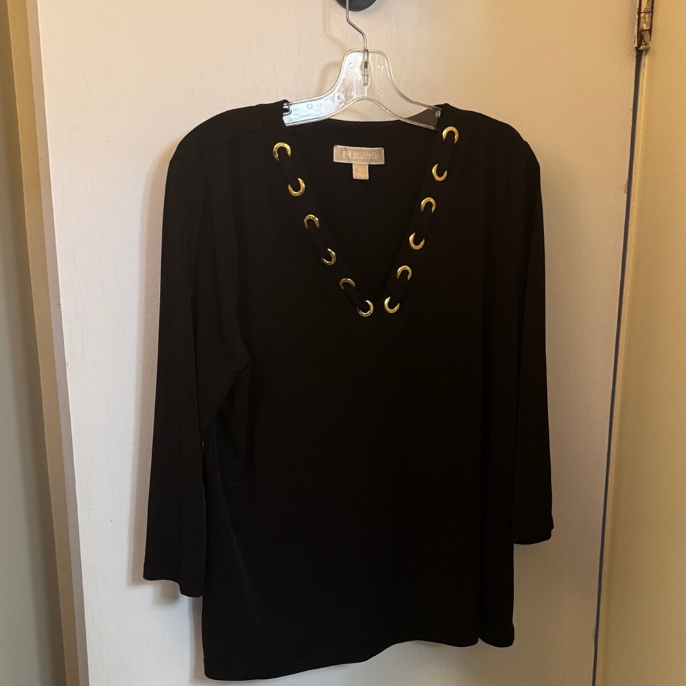 Michael Kors Black V-Neck Top with Gold Grommet Trim